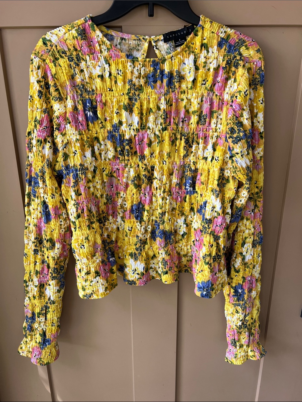 Sanctuary Sz S Allover Smocked Long Sleeve Floral Blouse Top. Yellow Pink Blue